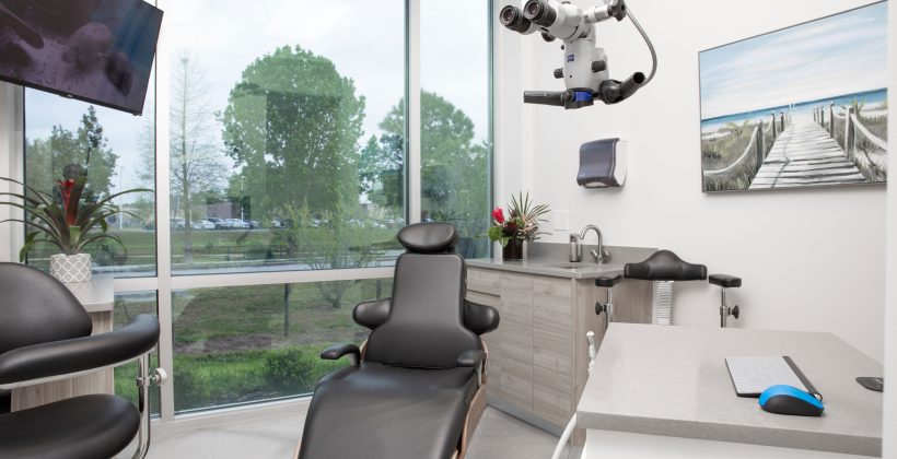 Bright, modern Gulf Coast Endodontics treatment room with a view of the outdoors