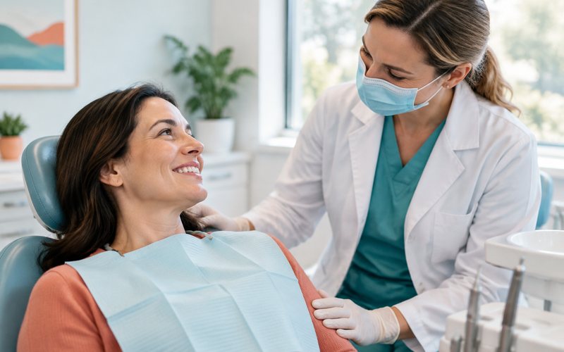Dentist reassuring a patient in a dental chair